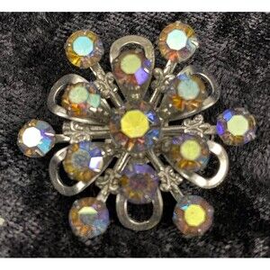 Vintage Sunburst Brooch AB Rhinestones